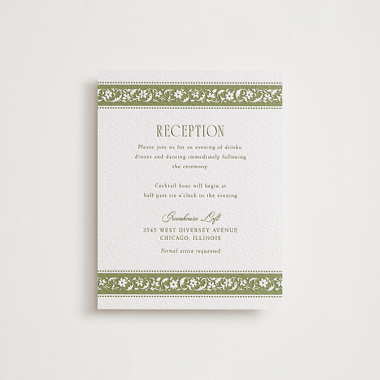 "Darcy" - Letterpress Reception Cards in Olive | Evergreen by Robert and Stella - Front