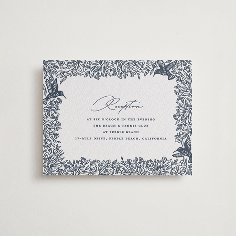 "Hummingbird Botanicals" - Letterpress Reception Cards in Night Sky by Erin Deegan - Front