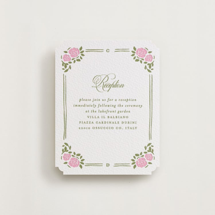 "Vintage Blooms" - Letterpress Reception Cards in Olive | Lotus by Creo Study - Front