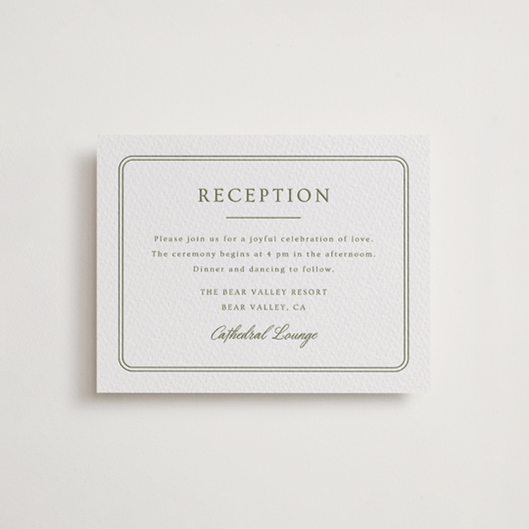 "Summit Meadows" - Letterpress Reception Cards in Olive by Ana Sharpe - Front