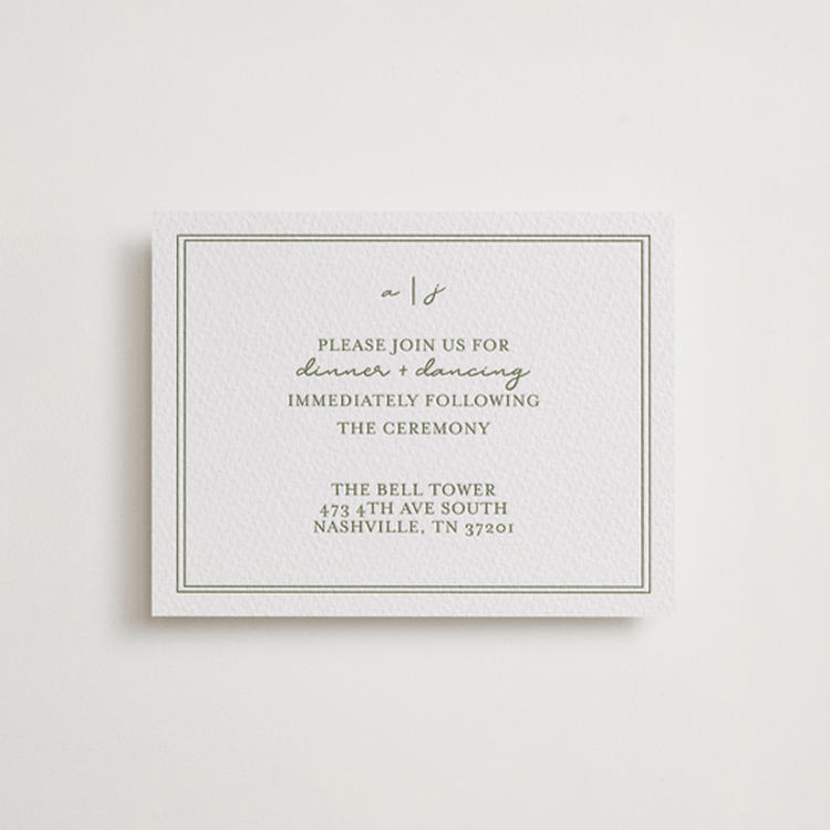 "The Verdure Suite" - Letterpress Reception Cards in Artichoke by Brittney Jensen - Front