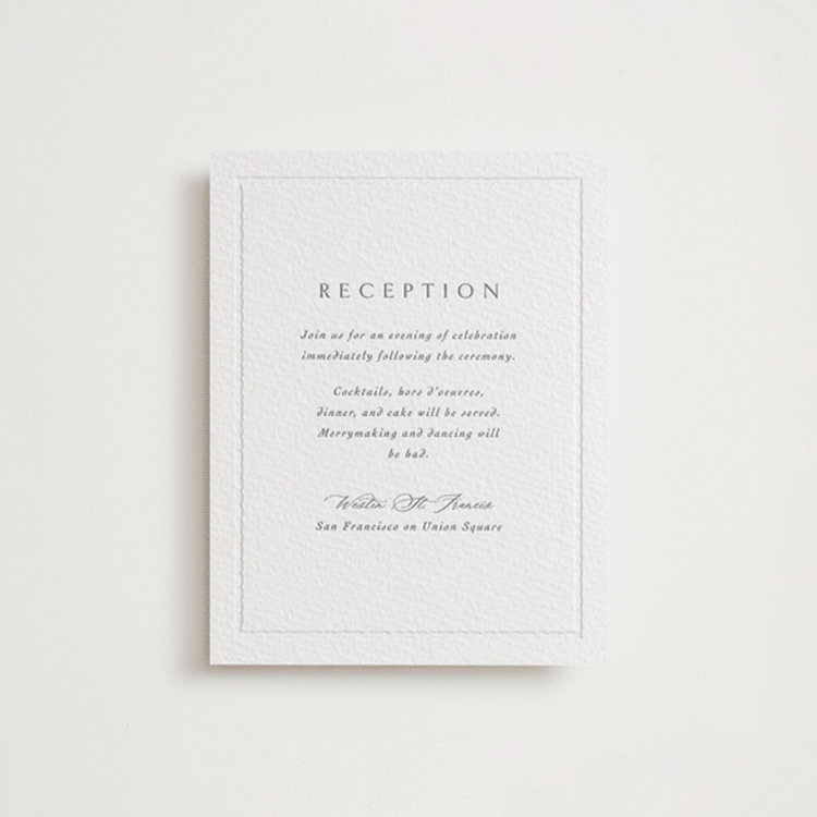 "Heirloom Needlework" - Letterpress Reception Cards in Smoke | Blind Deboss by Meggy Masters - Front