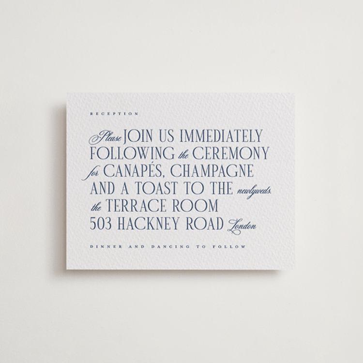 "London" - Letterpress Reception Cards in Blueberry by Hudson meet Rose - Front