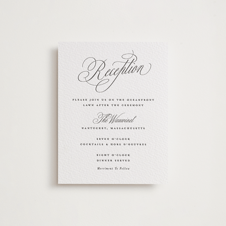 "Romantic Script" - Letterpress Reception Cards in Soft Black by Susan Zinader - Front