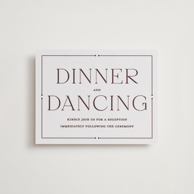 "Quiet Luxury" - Letterpress Reception Cards in Clove by Oscar and Emma - Karly Depew - Front