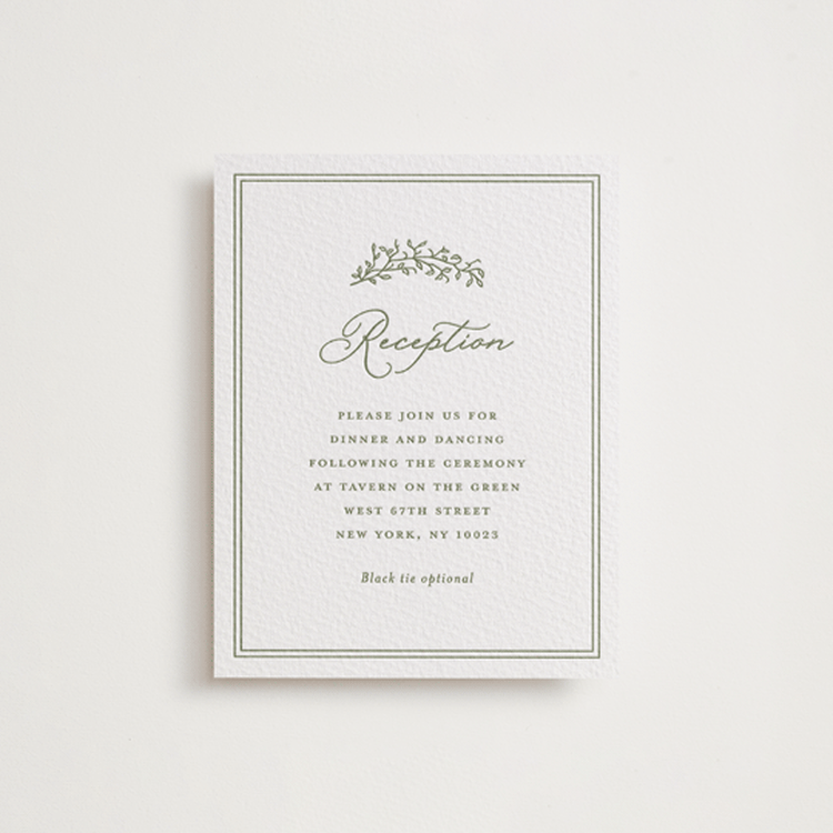 "Garden Script" - Letterpress Reception Cards in Artichoke by Katherine Moynagh - Front