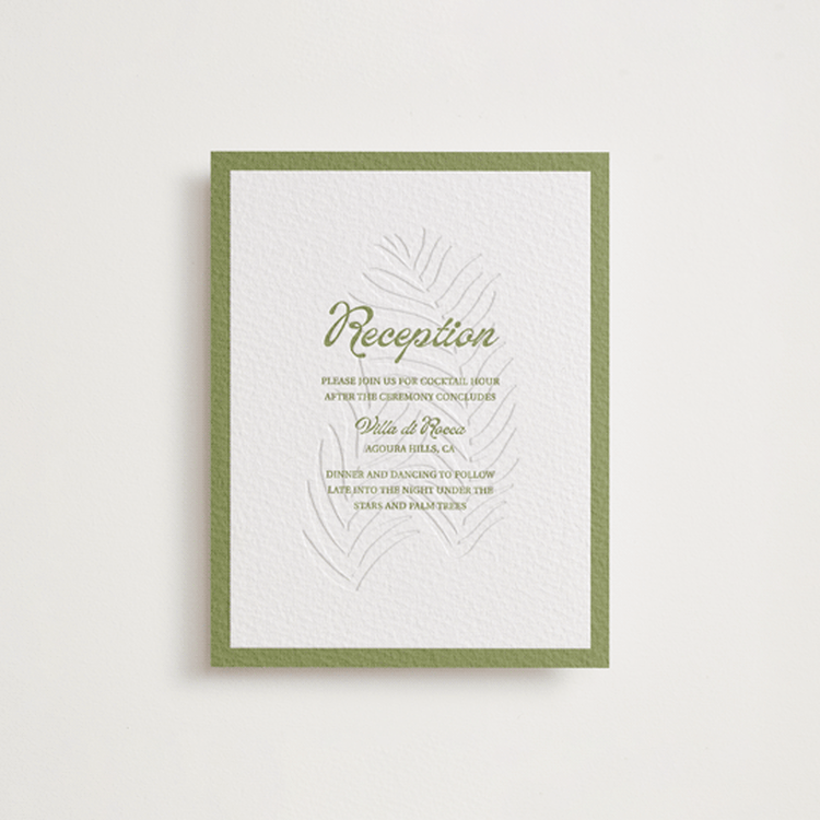 "Palm Shade" - Letterpress Reception Cards in Olive | Blind Deboss by Julia Liverton - Front