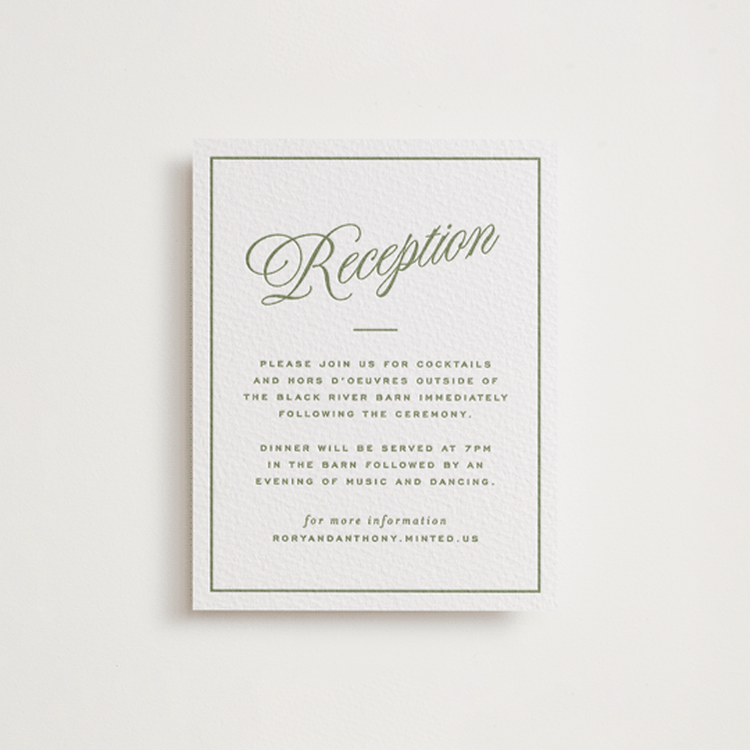 "rory" - Letterpress Reception Cards in Olive by Ellen Schlegelmilch - Front