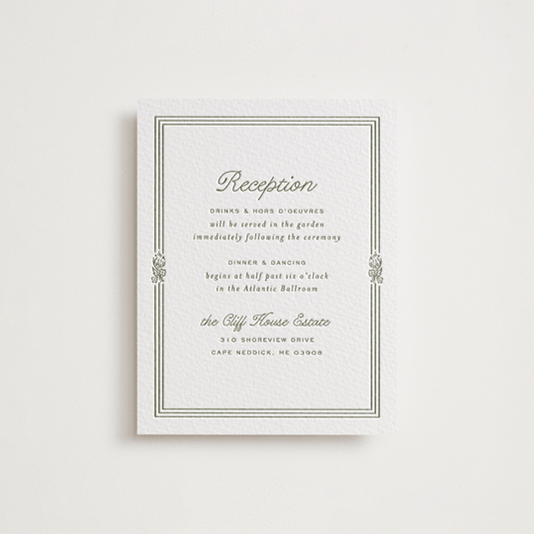 "Court" - Letterpress Reception Cards in Artichoke by Kate Ahn - Front