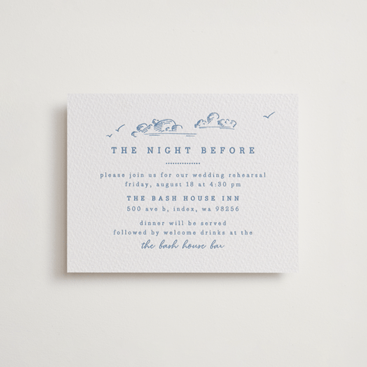 "fresh air" - Letterpress Rehearsal Dinner Cards in Pacific Blue by Anastasia Makarova - Front
