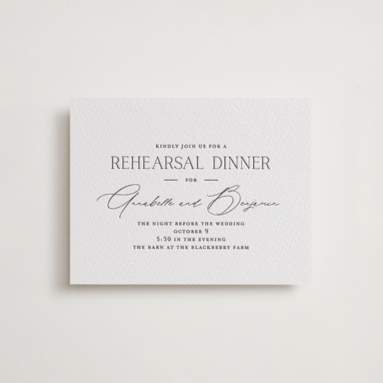 "Perennial" - Letterpress Rehearsal Dinner Cards in Soft Black by Oscar and Emma - Karly Depew - Front