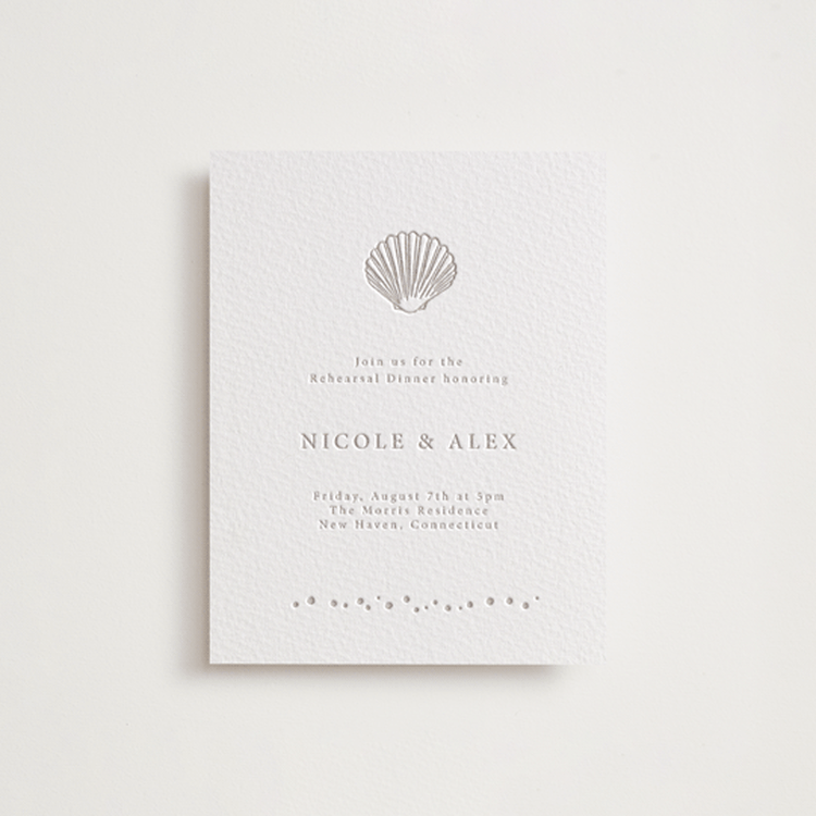 "Simple Seashell" - Letterpress Rehearsal Dinner Cards in Dove Grey by Hannah Bowman - Front