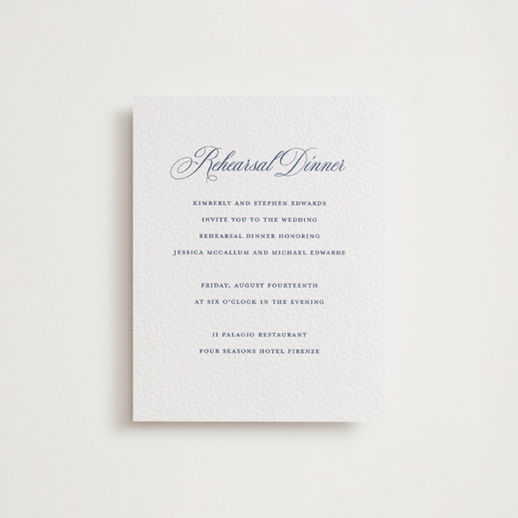 "Empire" - Letterpress Rehearsal Dinner Cards in Blueberry by Jennifer Postorino - Front