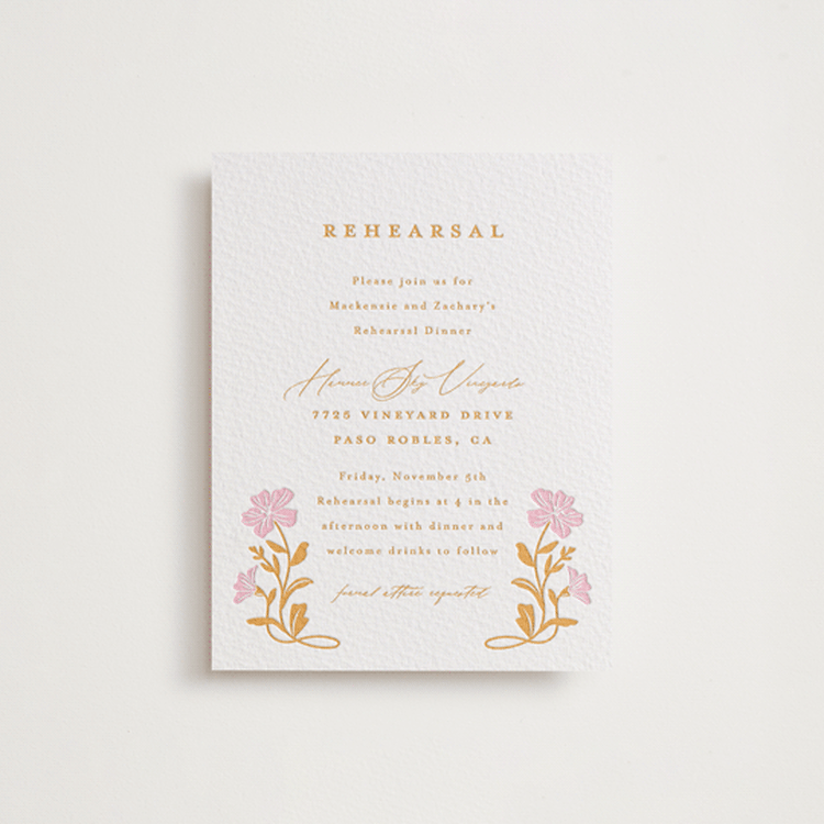 "Mirror Floral" - Letterpress Rehearsal Dinner Cards in Saffron | Peony by Everett Paper Goods - Front