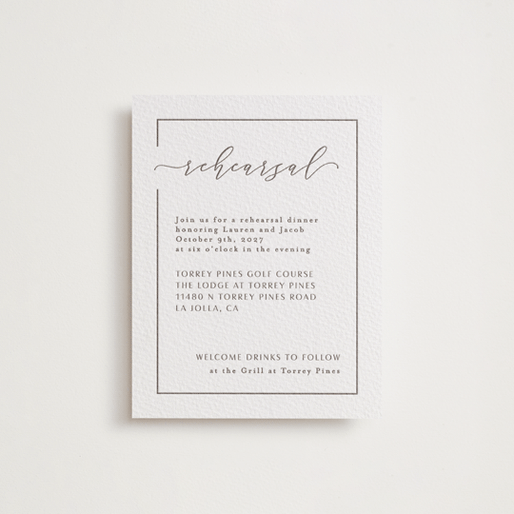 "Asymmetry" - Letterpress Rehearsal Dinner Cards in Graphite by Nicole Walsh - Front