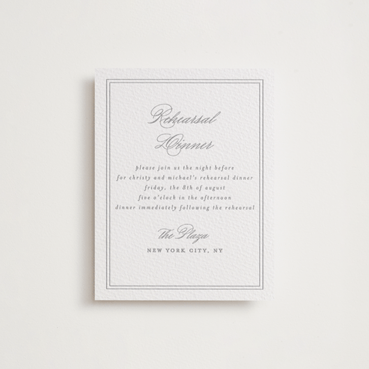 "Monogrammed eternity" - Letterpress Rehearsal Dinner Cards in Granite by Creo Study - Front