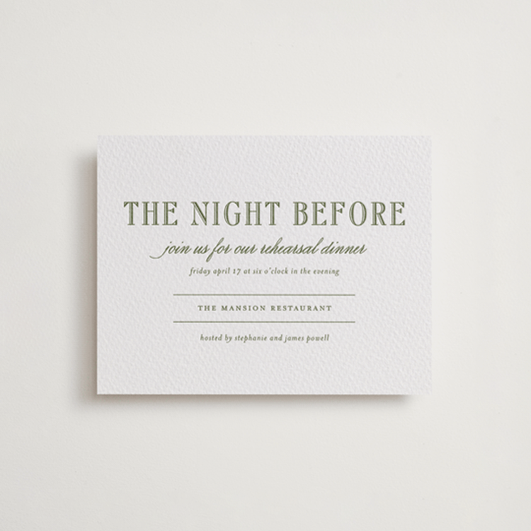 "Hepburn" - Letterpress Rehearsal Dinner Cards in Artichoke by Megan Davis - Front