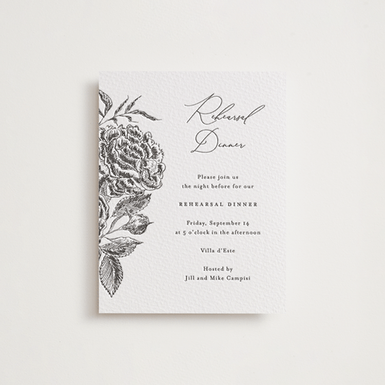 "Etchings of Roses" - Letterpress Rehearsal Dinner Cards in Soft Black by Chris Griffith - Front
