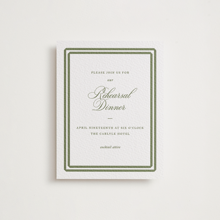 "Bevel" - Letterpress Rehearsal Dinner Cards in Artichoke by Megan Davis - Front