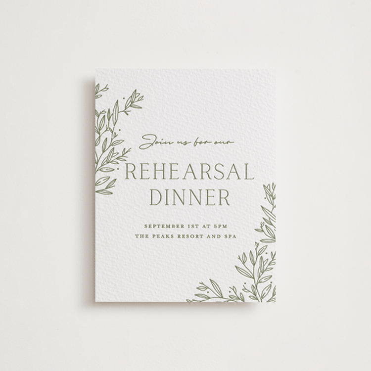 "Beauty of Nature" - Letterpress Rehearsal Dinner Cards in Artichoke by Oscar and Emma - Karly Depew - Front