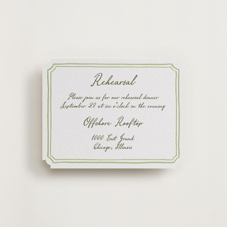"Handwritten" - Letterpress Rehearsal Dinner Cards in Artichoke by Cass Loh - Front