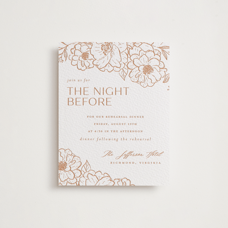 "Camellia.." - Letterpress Rehearsal Dinner Cards in Sandstone by Vera Lim - Front