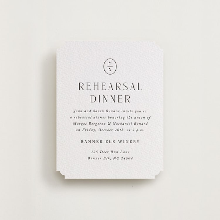 "Minimalist Monogram" - Letterpress Rehearsal Dinner Cards in Soft Black by Olivia Raufman - Front