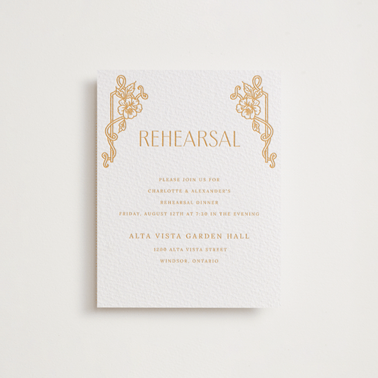 "Nouveau Peony" - Letterpress Rehearsal Dinner Cards in Saffron by Selima Akhter - Front