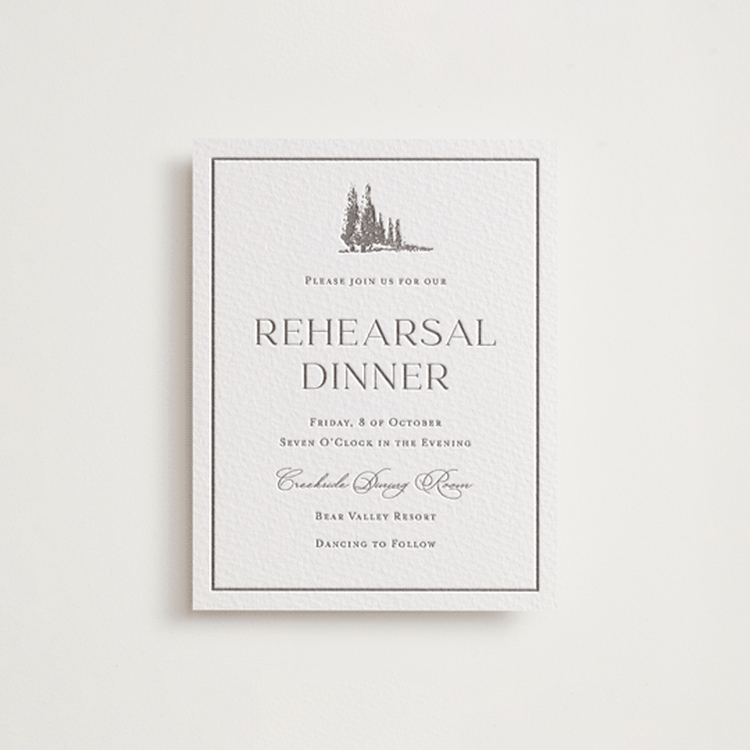 "Mountain Serenity" - Letterpress Rehearsal Dinner Cards in Graphite by Lucrecia Caporale - Front