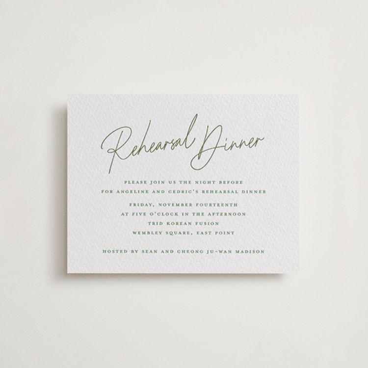 "angeline" - Letterpress Rehearsal Dinner Cards in Artichoke by chocomocacino - Front