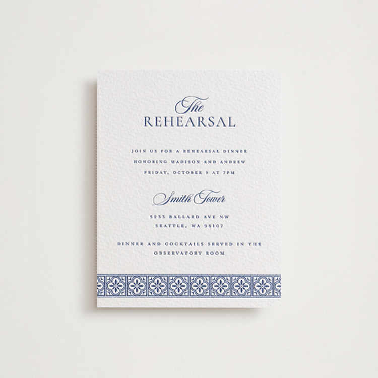"Tiled" - Letterpress Rehearsal Dinner Cards in Lapis by Angela Garrick - Front