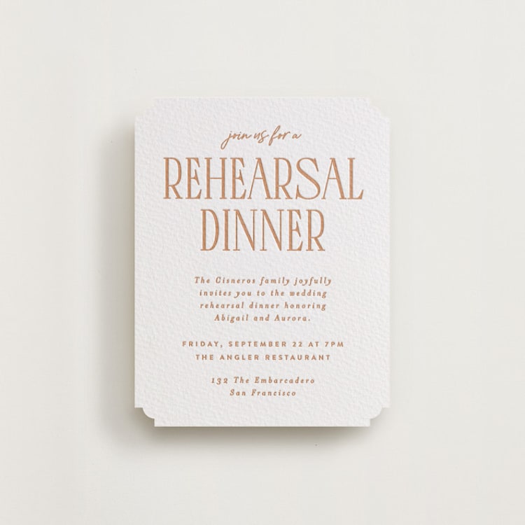 "title" - Letterpress Rehearsal Dinner Cards in Sandstone by JoAnn Jinks - Front