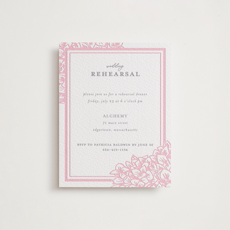 "Hydrangea Blooms" - Letterpress Rehearsal Dinner Cards in Peony | Granite by Paula Pecevich - Front