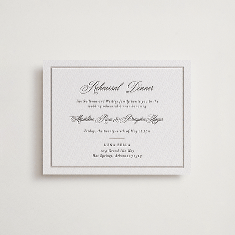 "Royal" - Letterpress Rehearsal Dinner Cards in Dove Grey | Soft Black by Melinda Denison - Front