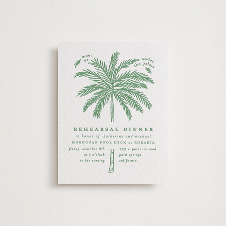 "Iconic" - Letterpress Rehearsal Dinner Cards in Fern by Creo Study - Front