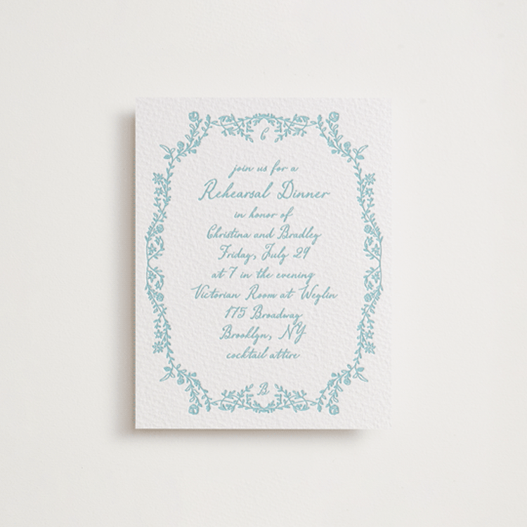 "Garden romance" - Letterpress Rehearsal Dinner Cards in Robin's Egg by Creo Study - Front
