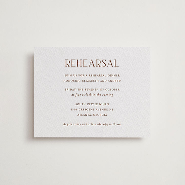 "chic" - Letterpress Rehearsal Dinner Cards in Burnt Sienna by Vanessa Doyle - Front