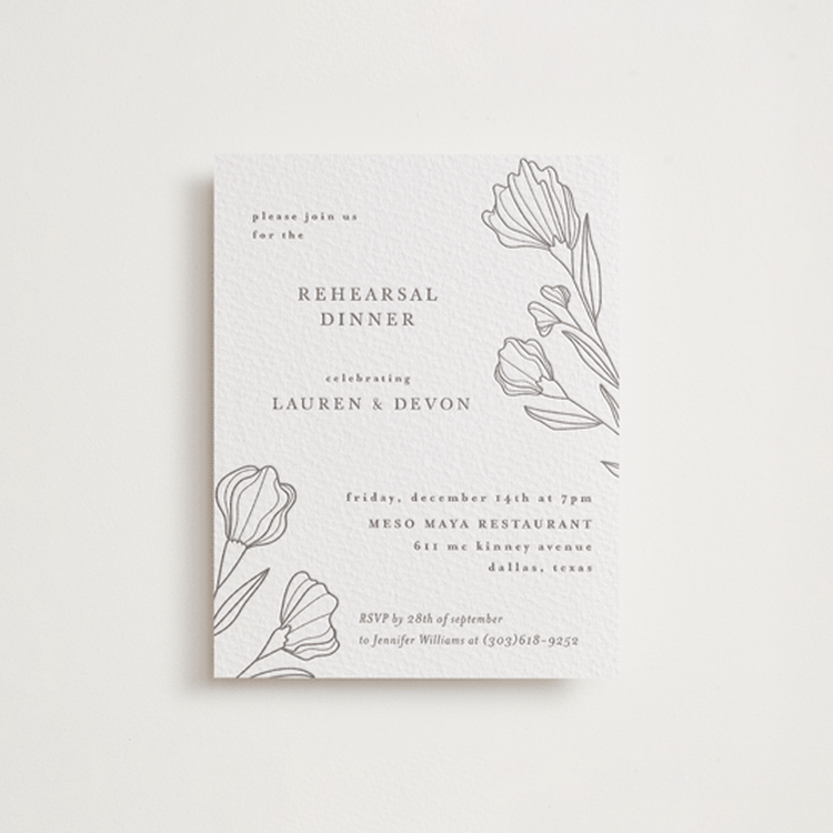 "Bouvardia" - Letterpress Rehearsal Dinner Cards in Graphite by Deynaaz Daraei - Front