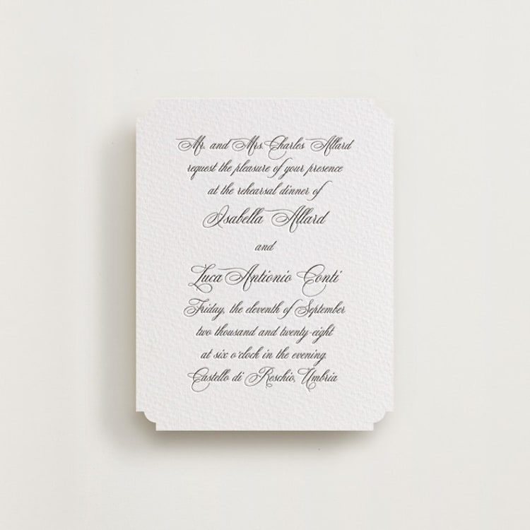"palazzo" - Letterpress Rehearsal Dinner Cards in Soft Black by Benita Crandall - Front