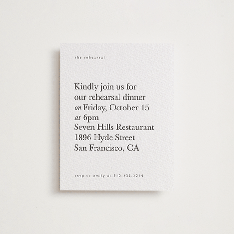 "Westin" - Letterpress Rehearsal Dinner Cards in Soft Black by Hudson meet Rose - Front