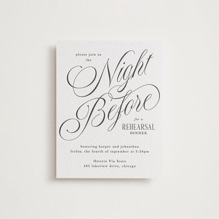 "Mirin" - Letterpress Rehearsal Dinner Cards in Soft Black by Kate Ahn - Front