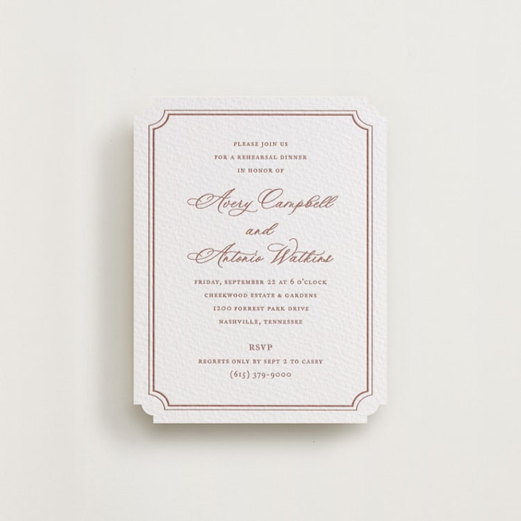 "Avery" - Letterpress Rehearsal Dinner Cards in Cinnamon by Jennifer Postorino - Front