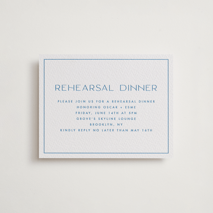 "Brooklyn" - Letterpress Rehearsal Dinner Cards in Marine Blue by Ellen Schlegelmilch - Front
