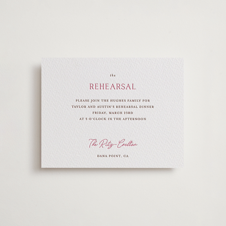 "In Love" - Letterpress Rehearsal Dinner Cards in Azalea | Burnt Sienna by Vanessa Doyle - Front