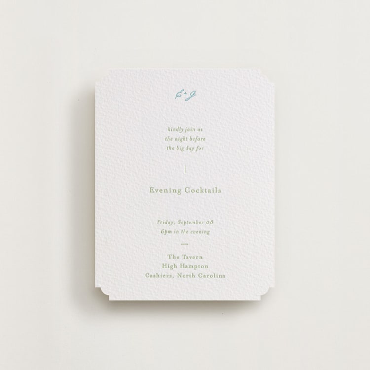 "Tuscany" - Letterpress Rehearsal Dinner Cards in Robin's Egg | Matcha by Blustery August - Front