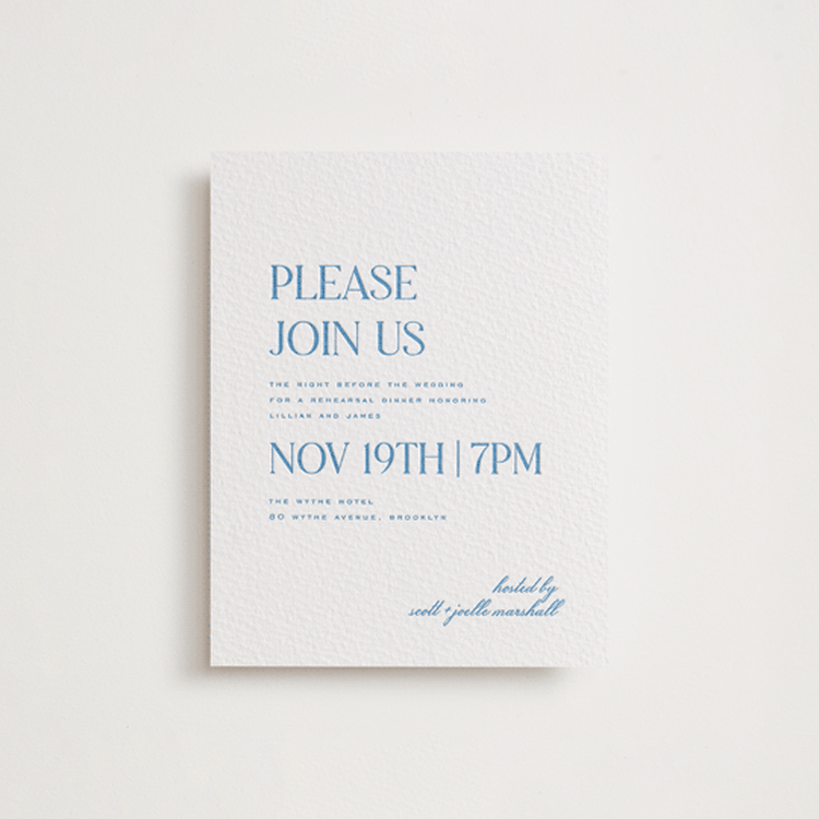 "Clarity" - Letterpress Rehearsal Dinner Cards in Marine Blue by Heather Cairl - Front