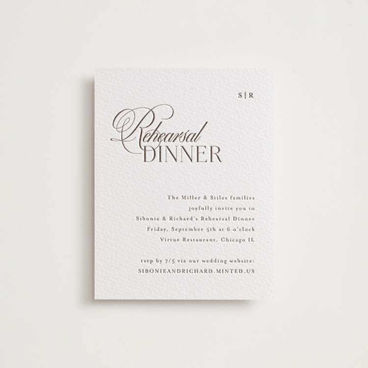 "Sibonie" - Letterpress Rehearsal Dinner Cards in Cacao Bean by Melanie Kosuge - Front