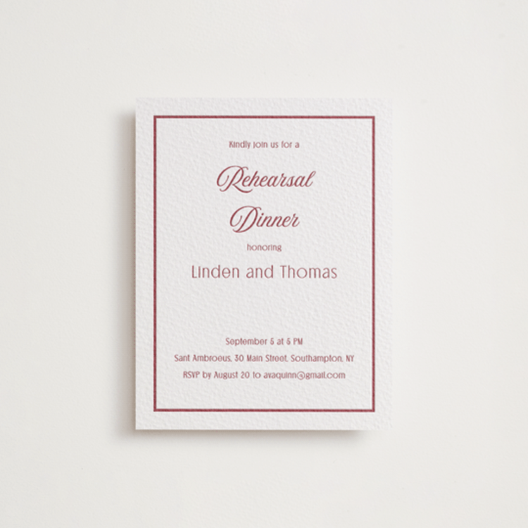"Ritzy" - Letterpress Rehearsal Dinner Cards in Maraschino by Nicoletta Savod - Front