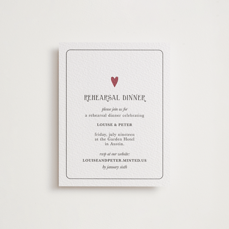 "Red Hearts" - Letterpress Rehearsal Dinner Cards in Maraschino | Soft Black by Helena Vitto - Front