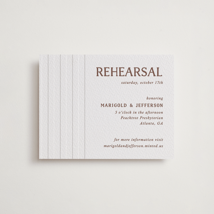 "Stripes" - Letterpress Rehearsal Dinner Cards in Burnt Sienna by Kelly Watkins - Front